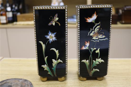 A pair of late 19th century Bohemian enamelled glass square vases, possibly Moser, and some counters height 20cm